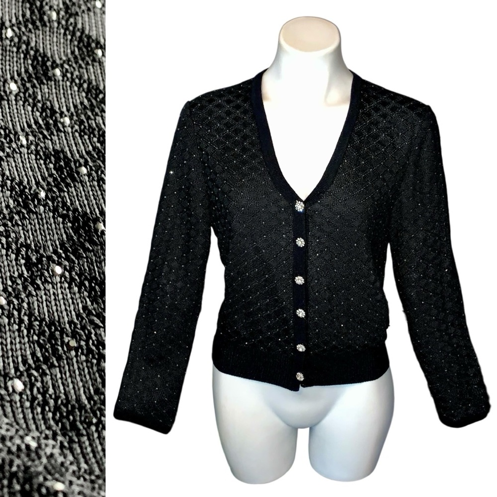St. John Evening Elegant Knit Studded Rhinestone Cardigan Sweater